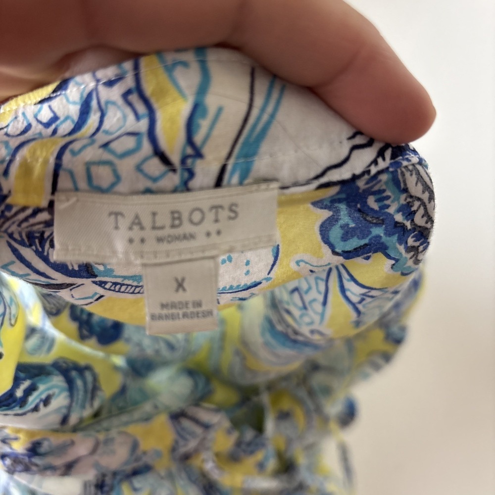 Talbots Seashell Print Top Womens Plus 1X Yellow Blue Lace Up Neck Coastal - Picture 7 of 11
